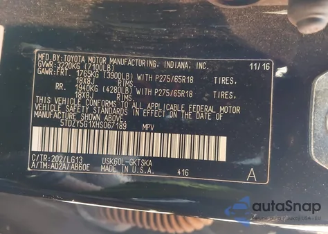 2017 Toyota Sequoia Sr5 z USA, uszkodzony, nr VIN 5TDZY5G1XHS067189